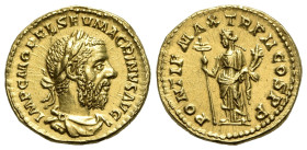 Macrinus (217-218). Replica of AV Aureus (20mm, 6.64g, 6h). Laureate, draped and cuirassed bust r. R/ Felicitas standing l., holding caduceus and corn...