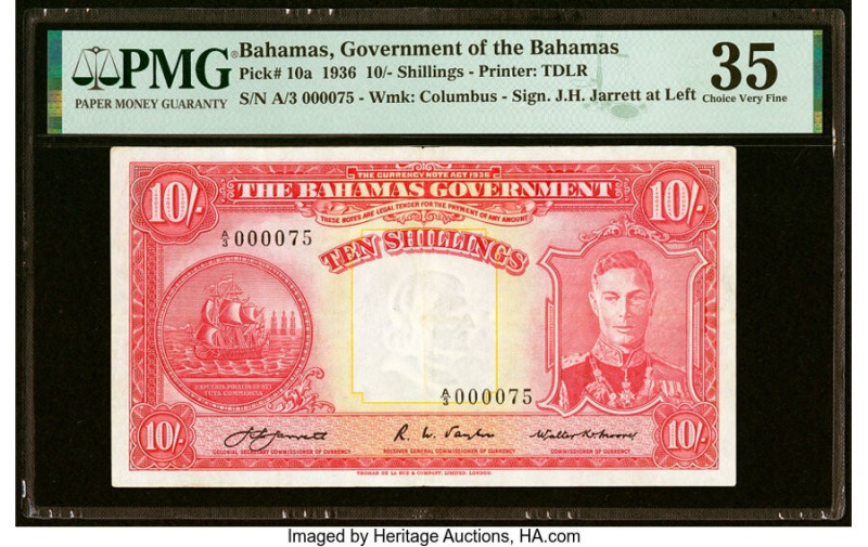 Low Serial Number 75 Bahamas Bahamas Government 10 Shillings 1936 Pick 10a PMG C...