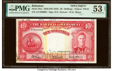 Bahamas Bahamas Government 10 Shillings 1936 (ND 1944) Pick 10cs Specimen PMG About Uncirculated 53 Net. Perforated cancelled, corner repair and previ...