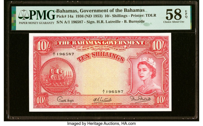 Bahamas Bahamas Government 10 Shillings 1936 (ND 1953) Pick 14a PMG Choice About...
