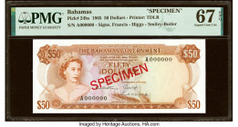 Bahamas Bahamas Government 50 Dollars 1965 Pick 24bs Specimen PMG Superb Gem Unc 67 EPQ. HID09801242017 © 2022 Heritage Auctions | All Rights Reserved...