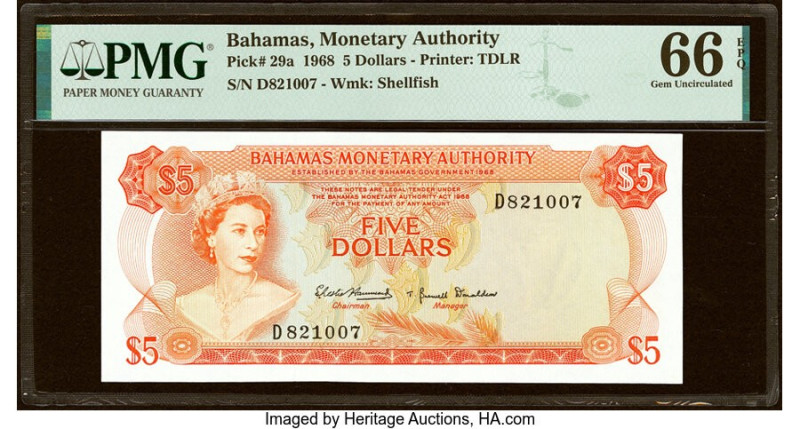 Bahamas Monetary Authority 5 Dollars 1968 Pick 29a PMG Gem Uncirculated 66 EPQ. ...