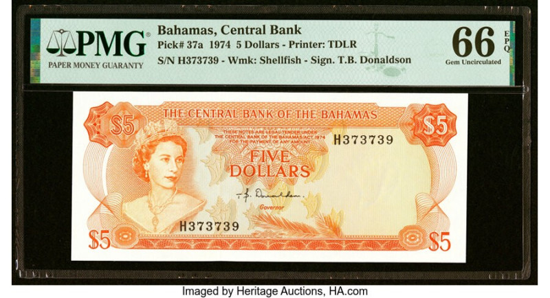 Bahamas Central Bank 5 Dollars 1974 Pick 37a PMG Gem Uncirculated 66 EPQ. HID098...