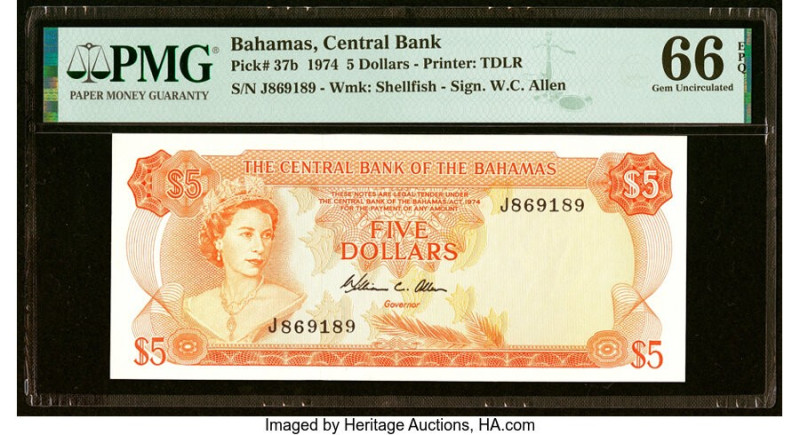Bahamas Central Bank 5 Dollars 1974 Pick 37b PMG Gem Uncirculated 66 EPQ. HID098...