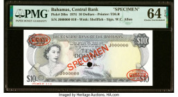 Bahamas Central Bank 10 Dollars 1974 Pick 38bs Specimen PMG Choice Uncirculated 64 EPQ. Cancelled with 1 punch hole, and printer's annotation. HID0980...
