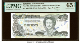 Courtesy Autograph Bahamas Central Bank 1/2 Dollar 1974 (ND 1984) Pick 42a PMG Gem Uncirculated 65 EPQ. Courtesy autographed by Governor W.C. Allen. H...