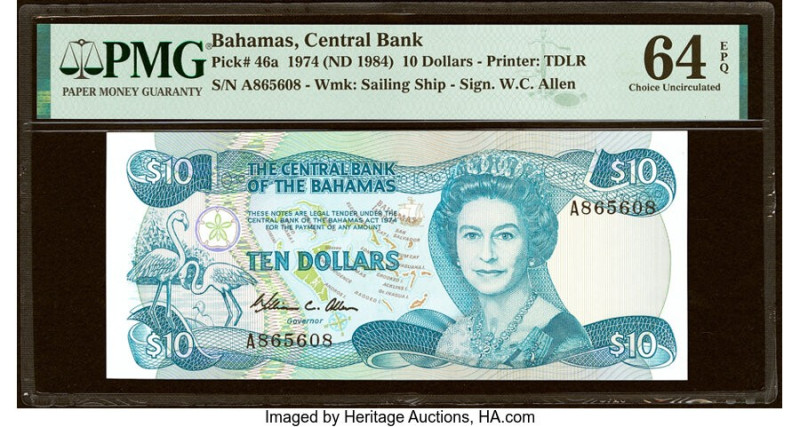 Bahamas Central Bank 10 Dollars 1974 (ND 1984) Pick 46a PMG Choice Uncirculated ...
