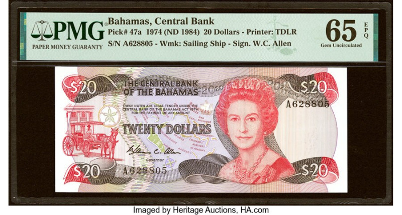 Bahamas Central Bank 20 Dollars 1974 (ND 1984) Pick 47a PMG Gem Uncirculated 65 ...