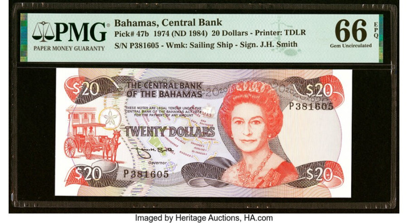 Bahamas Central Bank 20 Dollars 1974 (ND 1984) Pick 47b PMG Gem Uncirculated 66 ...