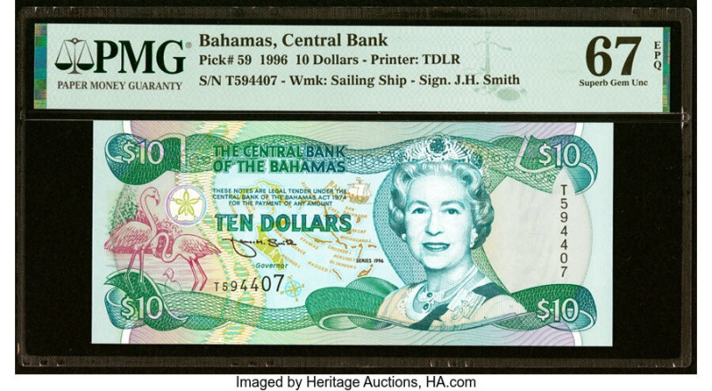 Bahamas Central Bank 10 Dollars 1996 Pick 59 PMG Superb Gem Unc 67 EPQ. HID09801...