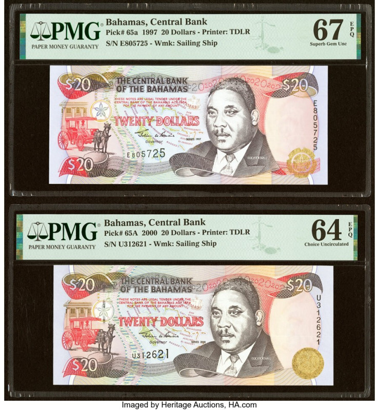 Bahamas Central Bank 20 Dollars (1997); (2000) Pick 65a; 65A Two Examples PMG Ch...