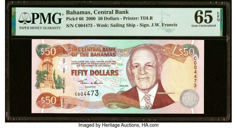 Bahamas Central Bank 50 Dollars 2000 Pick 66 PMG Gem Uncirculated 65 EPQ. HID098...