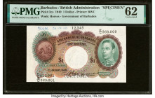 Barbados Government of Barbados 1 Dollar 1.1.1949 Pick 2cs Specimen PMG Uncirculated 62. Printer's annotations, previously mounted, stained, and perfo...