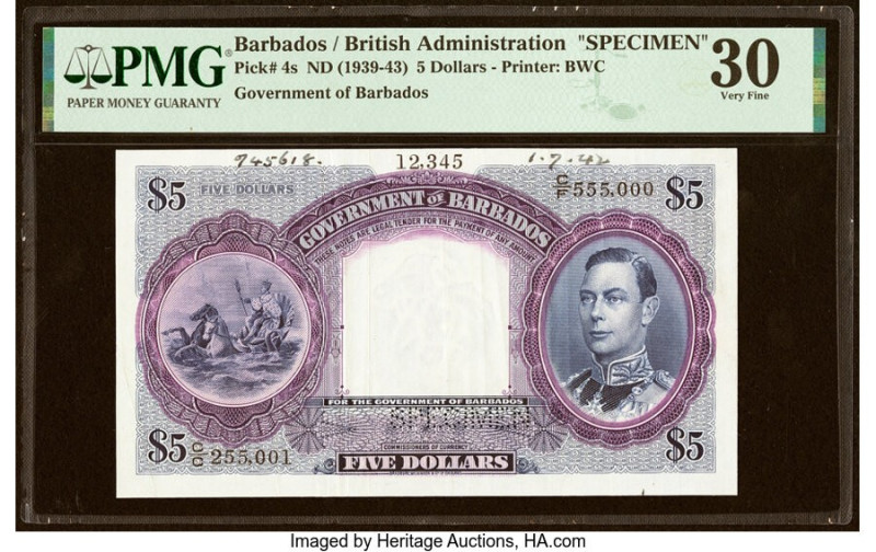 Barbados Government of Barbados 5 Dollars ND (1939-43) Pick 4s Specimen PMG Very...