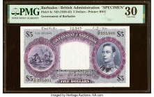 Barbados Government of Barbados 5 Dollars ND (1939-43) Pick 4s Specimen PMG Very Fine 30. Printer's annotations. HID09801242017 © 2022 Heritage Auctio...