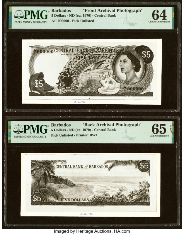 Barbados Central Bank 5 Dollars ND (ca. 1973) Pick Unlisted Front and Back Archi...