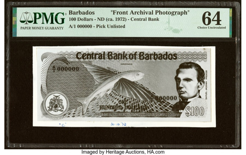 Barbados Central Bank 100 Dollars ND (ca. 1972) Pick Unlisted Front Archival Pho...