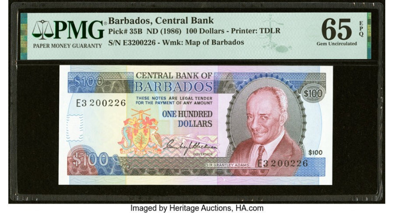Barbados Central Bank 100 Dollars ND (1986) Pick 35B PMG Gem Uncirculated 65 EPQ...