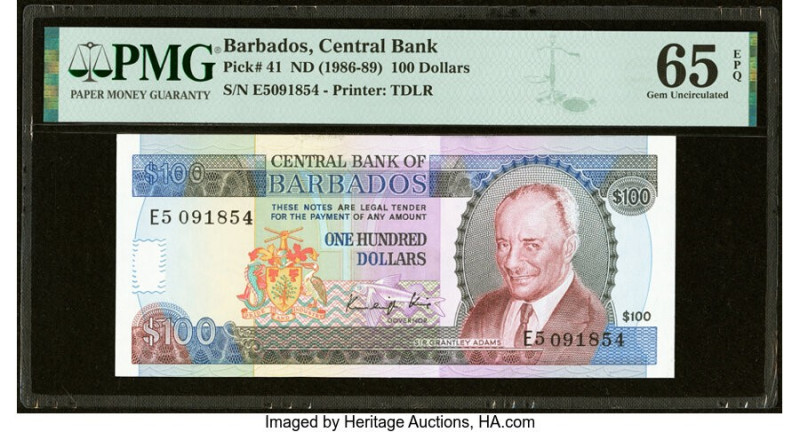 Barbados Central Bank 100 Dollars ND (1986-89) Pick 41 PMG Gem Uncirculated 65 E...