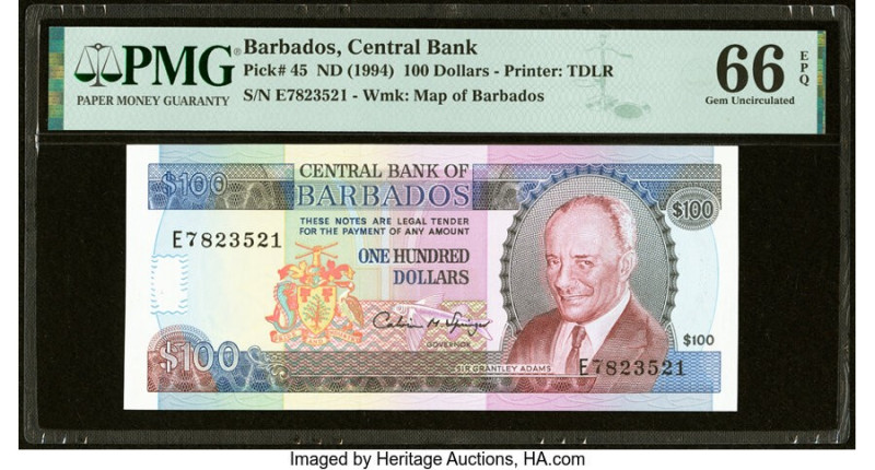 Barbados Central Bank 100 Dollars ND (1994) Pick 45 PMG Gem Uncirculated 66 EPQ....