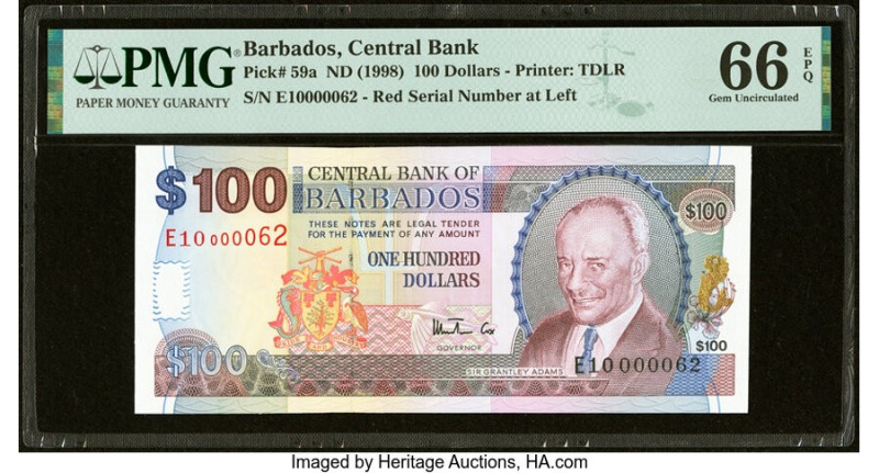 Low Serial Number 62 Barbados Central Bank 100 Dollars ND (1998) Pick 59 PMG Gem...