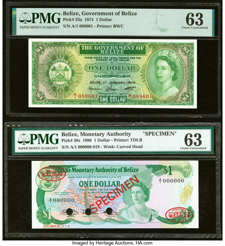 Belize Government of Belize 1 Dollar 1.1.1974; 1.6.1980 Pick 33a; 38s Issued/Spe...