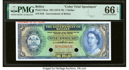 Belize Government of Belize 1 Dollar ND (1974-76) Pick 33cts Color Trial Specimen PMG Gem Uncirculated 66 EPQ. Cancelled with 2 punch holes. HID098012...