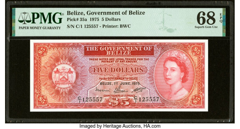 Belize Government of Belize 5 Dollars 1.6.1975 Pick 35a PMG Superb Gem Unc 68 EP...