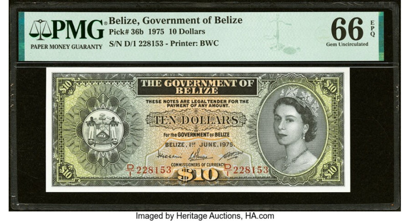 Belize Government of Belize 10 Dollars 1.6.1975 Pick 36b PMG Gem Uncirculated 66...