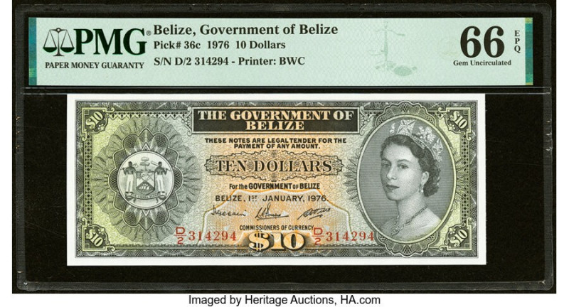Belize Government of Belize 10 Dollars 1.1.1976 Pick 36c PMG Gem Uncirculated 66...