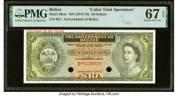Belize Government of Belize 10 Dollars ND (1974-76) Pick 36cts Color Trial Specimen PMG Superb Gem Unc 67 EPQ. Cancelled with 2 punch holes. HID098012...