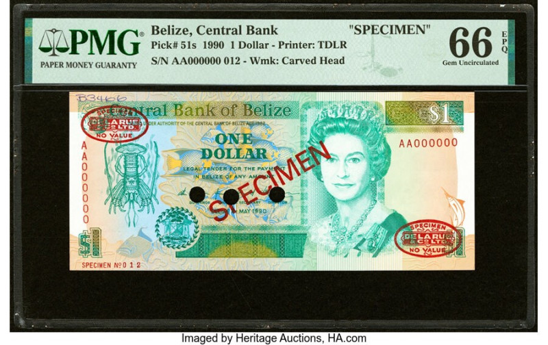 Belize Central Bank 1 Dollar 1.5.1990 Pick 51s Specimen PMG Gem Uncirculated 66 ...