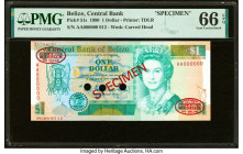 Belize Central Bank 1 Dollar 1.5.1990 Pick 51s Specimen PMG Gem Uncirculated 66 EPQ. Cancelled with 3 punch holes, printer's annotation. HID0980124201...