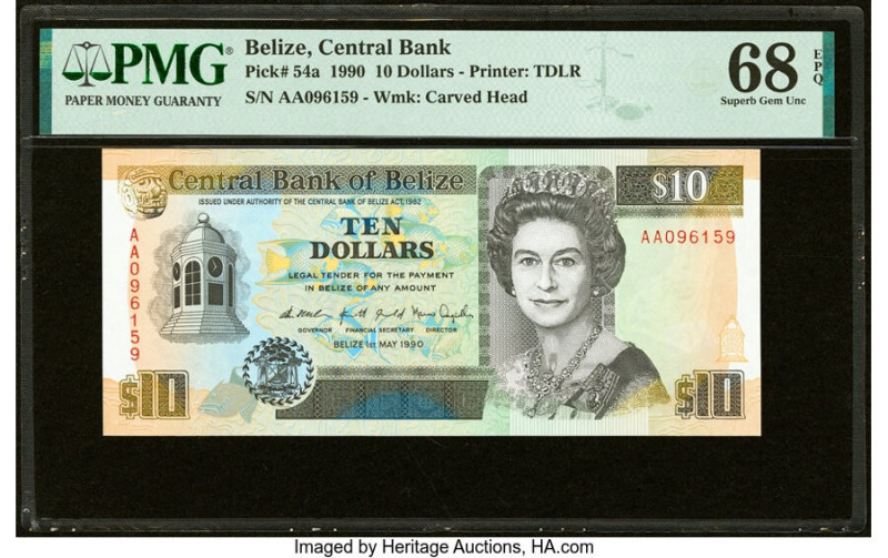 Belize Central Bank 10 Dollars 1.5.1990 Pick 54a PMG Superb Gem Unc 68 EPQ. Grad...