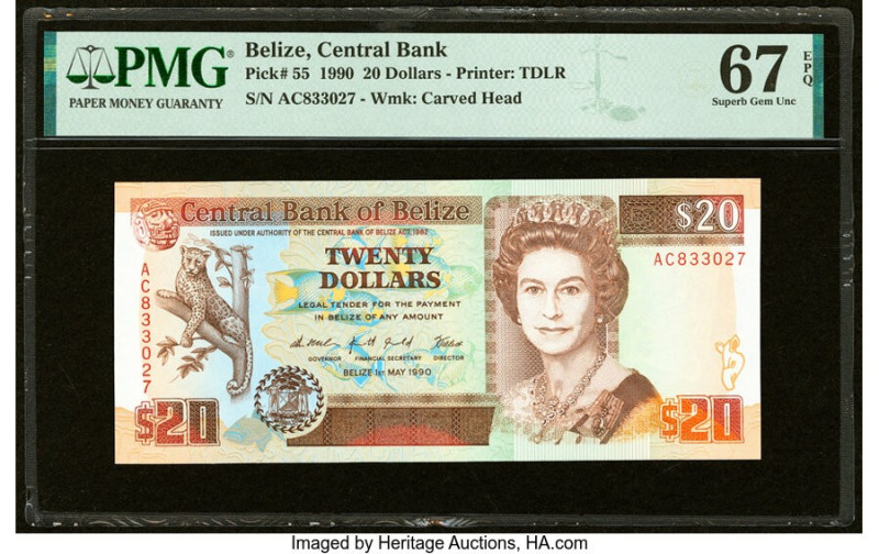 Belize Central Bank 20 Dollars 1.5.1990 Pick 55 PMG Superb Gem Unc 67 EPQ. HID09...