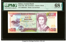Belize Central Bank 50 Dollars 1.6.1991 Pick 56b PMG Superb Gem Unc 68 EPQ. Graded top on the PMG Population Report with only 4 other examples. HID098...