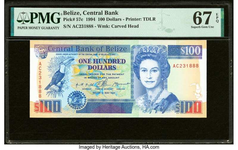 Belize Central Bank 100 Dollars 1.5.1994 Pick 57c PMG Superb Gem Unc 67 EPQ. Gra...