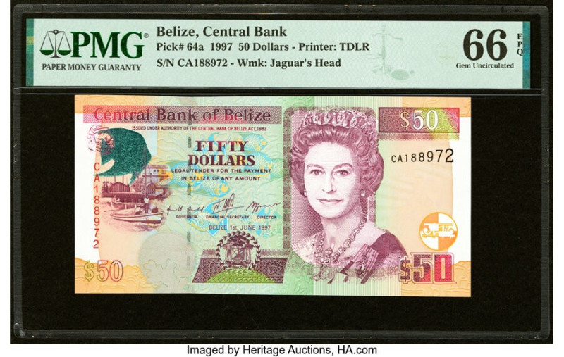 Belize Central Bank 50 Dollars 1.6.1997 Pick 64a PMG Gem Uncirculated 66 EPQ. HI...