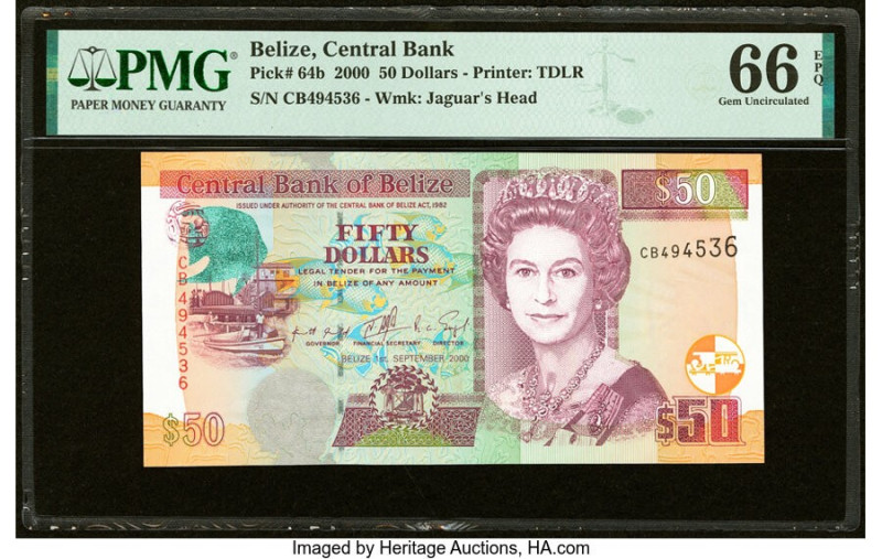 Belize Central Bank 50 Dollars 1.9.2000 Pick 64b PMG Gem Uncirculated 66 EPQ. HI...