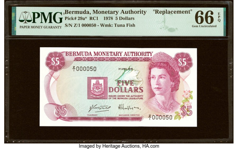 Low Serial Number 50 Bermuda Monetary Authority 5 Dollars 1.4.1978 Pick 29a* Rep...