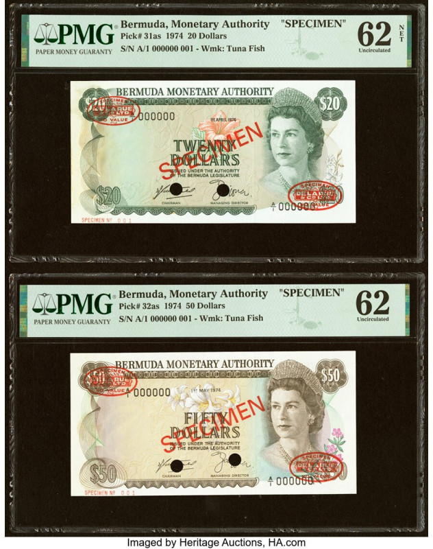 Bermuda Monetary Authority 20; 50 Dollars 1.4.1974; 1.5.1974 Pick 31as; 32as Two...