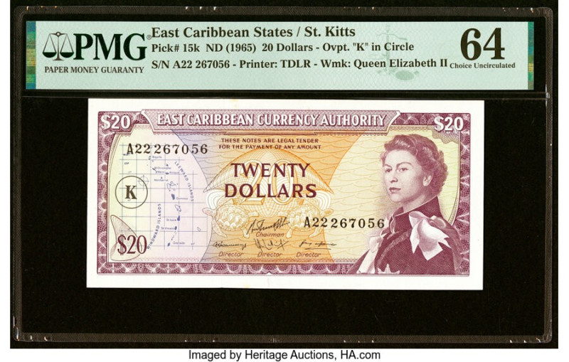 East Caribbean States Currency Authority, St. Kitts 20 Dollars ND (1965) Pick 15...