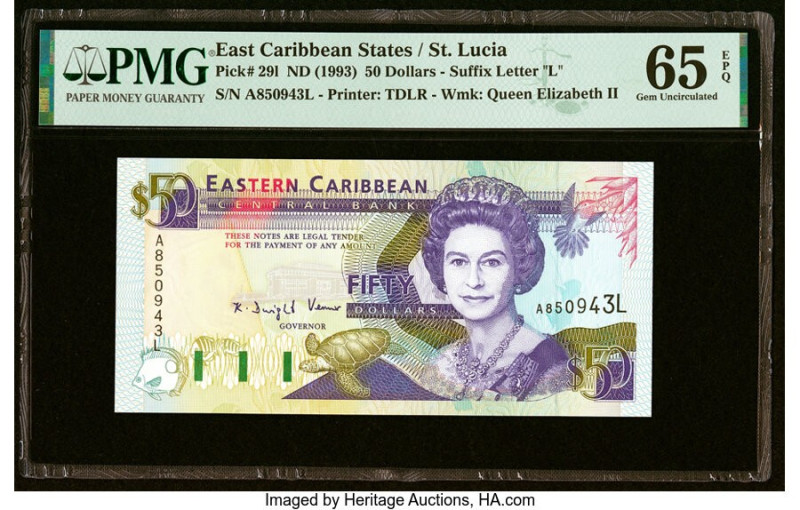 East Caribbean States Central Bank, St. Lucia 50 Dollars ND (1993) Pick 29l PMG ...