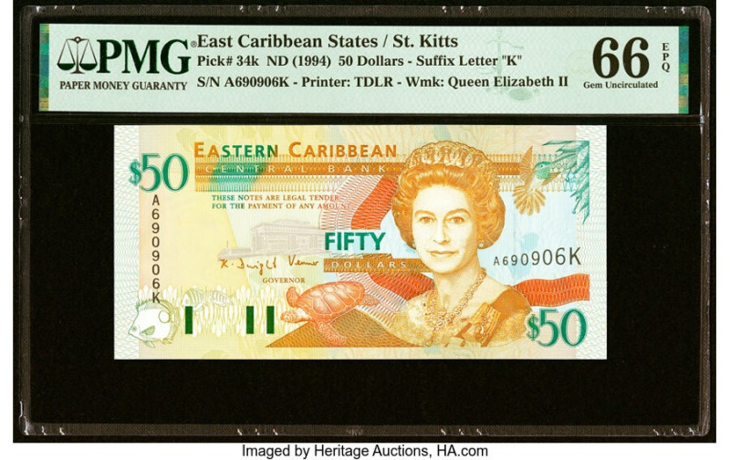 East Caribbean States Central Bank, St. Kitts 50 Dollars ND (1994) Pick 34k PMG ...