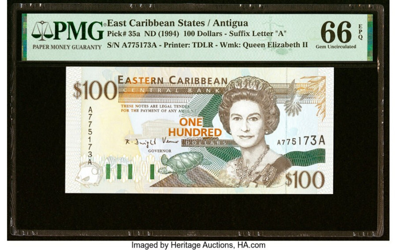 East Caribbean States Central Bank, Antigua 100 Dollars ND (1994) Pick 35a PMG G...