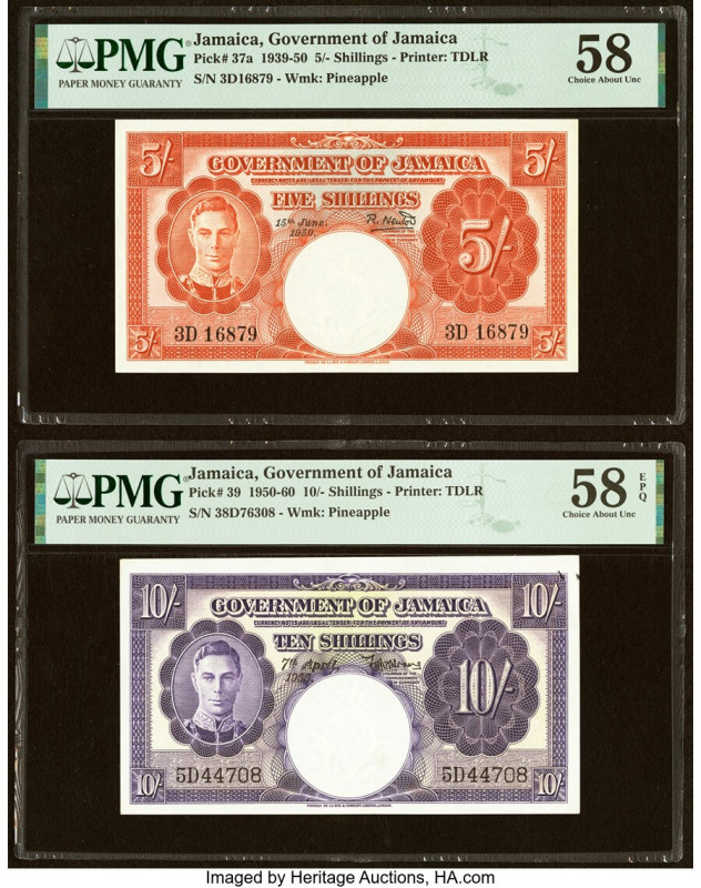 Jamaica Government of Jamaica 5; 10 Shillings 15.6.1950; 7.4.1955 Pick 37a; 39 T...