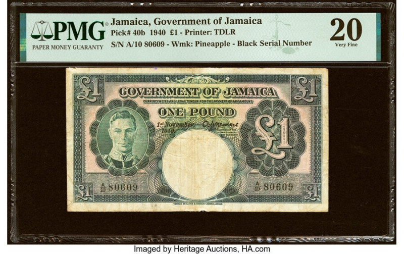 Jamaica Government of Jamaica 1 Pound 1.11.1940 Pick 40b PMG Very Fine 20. A sca...