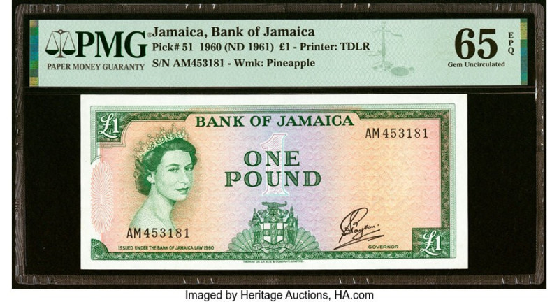 Jamaica Bank of Jamaica 1 Pound 1960 (ND 1961) Pick 51 PMG Gem Uncirculated 65 E...