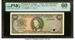 Trinidad & Tobago Central Bank of Trinidad and Tobago 10 Dollars 1964 Pick 28acts Color Trial Specimen PMG Uncirculated 60. Cancelled with 1 punch hol...