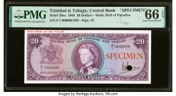 Trinidad & Tobago Central Bank of Trinidad and Tobago 20 Dollars 1964 Pick 29cs Specimen PMG Gem Uncirculated 66 EPQ. Cancelled with 1 punch hole. HID...